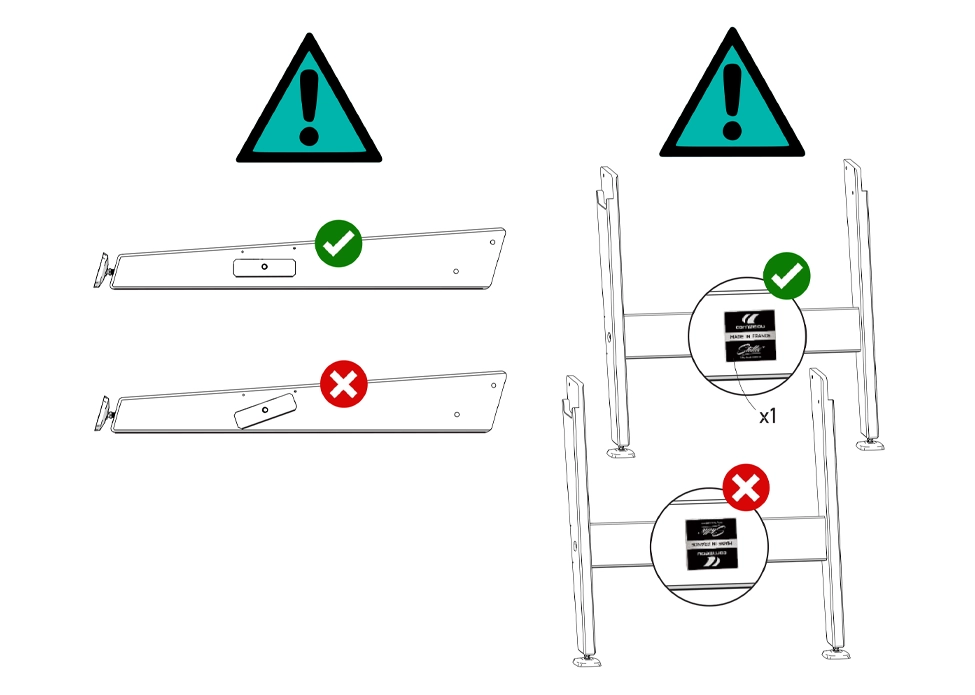 Mise en garde sur l'installation de la traverse lors de l'étape 3, vérifier que le logo Cornilleau soit dans la longeur des pieds. Et assurez-vous que la traverse soit parallèle à l'arrière des pieds. 